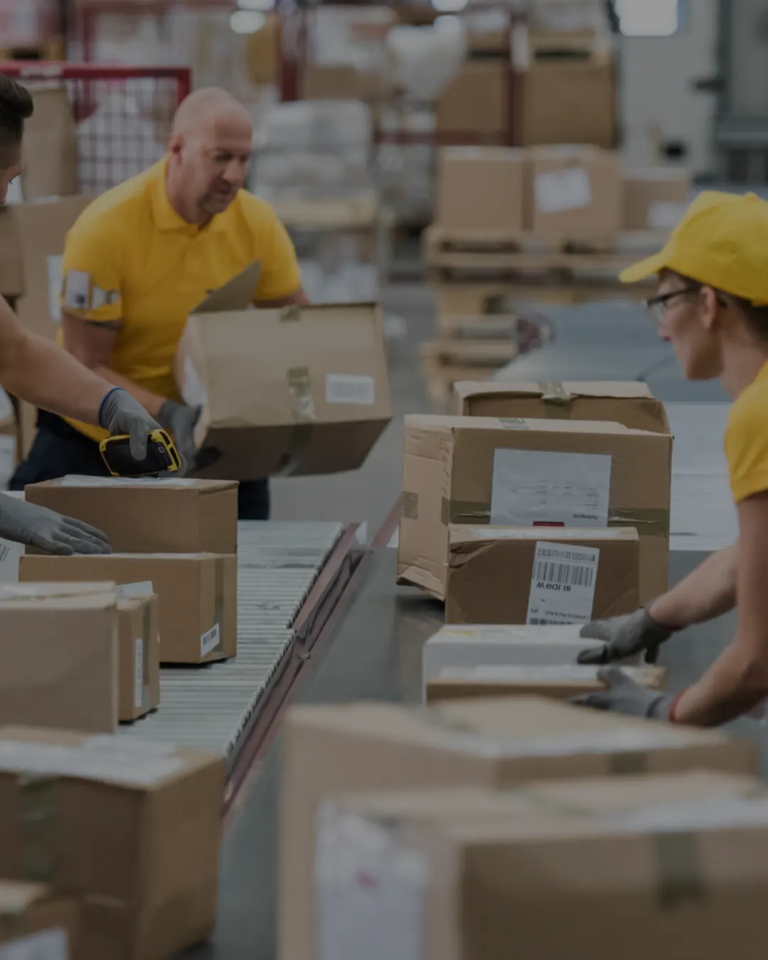 Medewerkers scannen en sorteren pakketten in een logistiek centrum